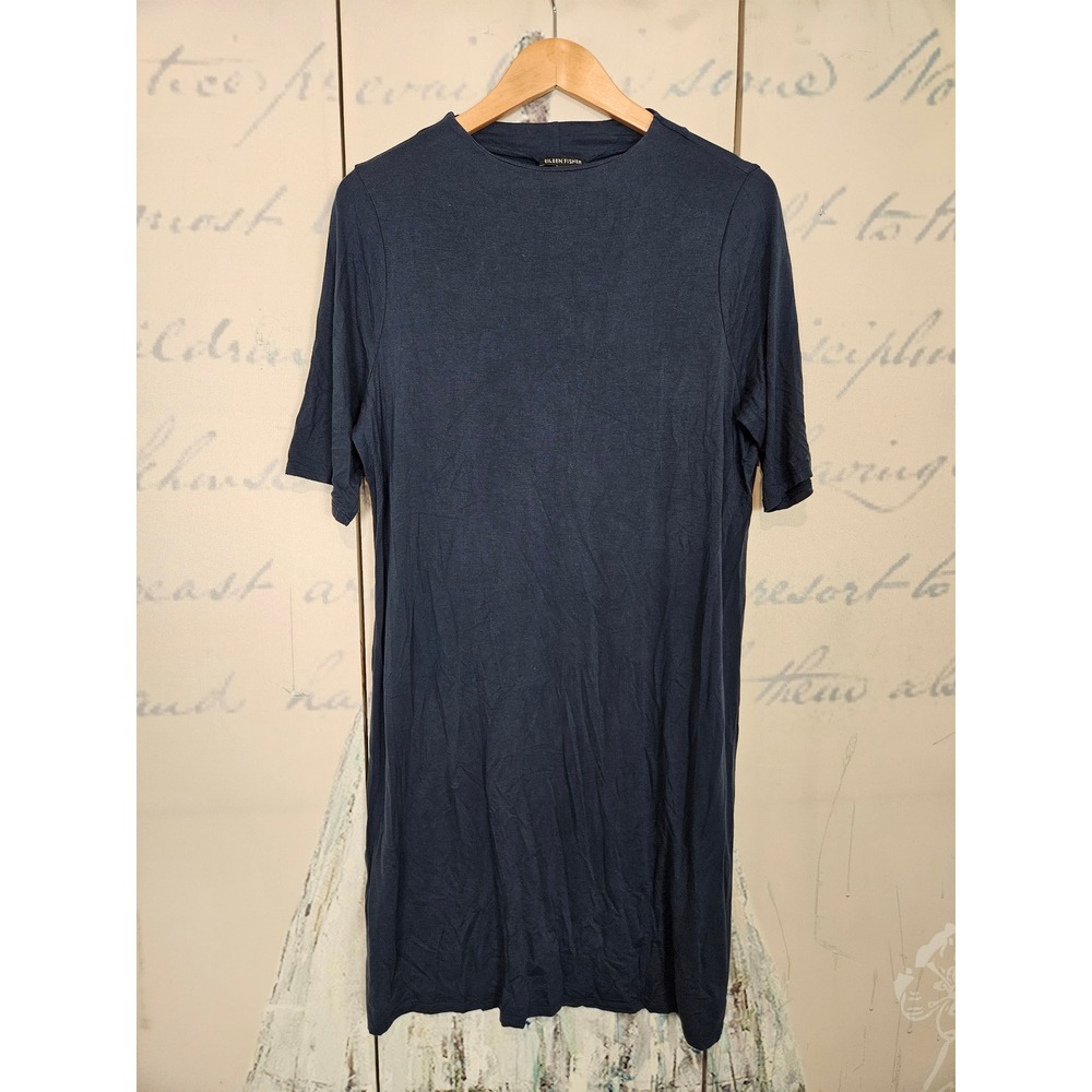 Eileen Fisher T-Shirt Dress Large Blue Tencel Stretch Minimalist Lagenlook